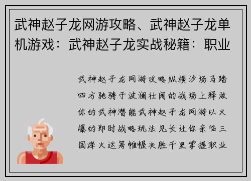 武神赵子龙网游攻略、武神赵子龙单机游戏：武神赵子龙实战秘籍：职业详解、技能搭配、副本通关
